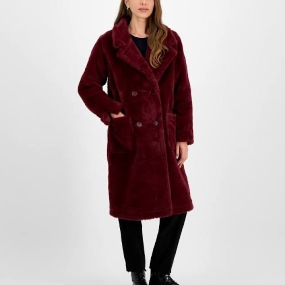 Jou Jou Burgundy Faux-Fur Double-Breasted Coat Size Large NWOT - Picture 1 of 7